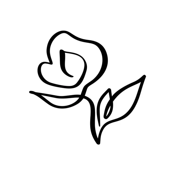 Conceito de flor rosa. Linha contínua mão desenho logotipo vetor caligráfico. Elemento de design floral primavera escandinavo em estilo mínimo. preto e branco —  Vetores de Stock