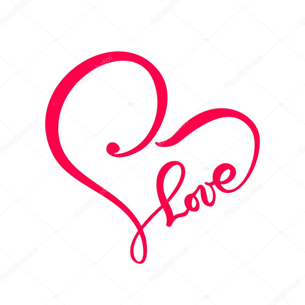 Hand drawn Heart love text sign. Romantic calligraphy vector illustration. Concepn icon symbol for t-shirt, greeting card, poster wedding. Design flat element of valentine day