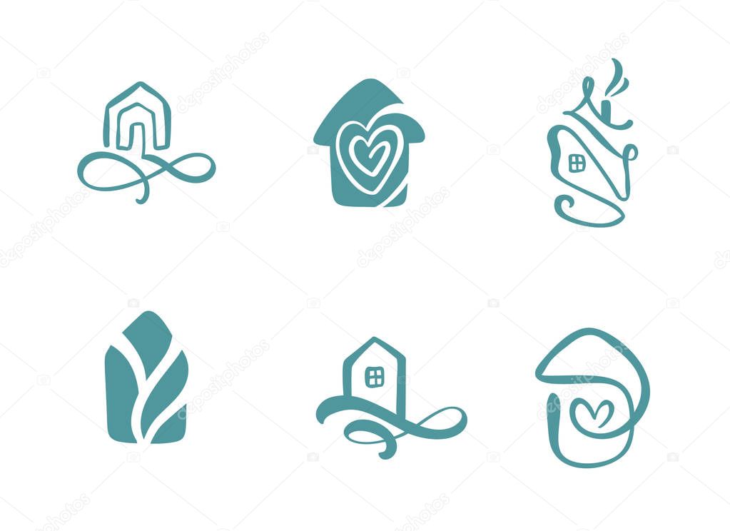 Set of simple calligraphy houses hand drawn logo. Real Vector Icons. Estate Architecture Construction for design. Art home vintage element.