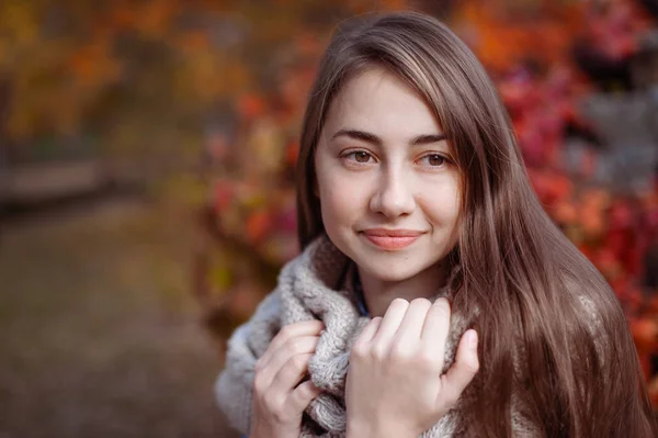 Bonito sorriso bonito mulher andando no parque de outono vermelho — Fotografia de Stock