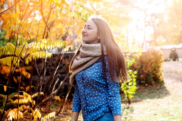 Cute beautiful smile woman walking in red autumn park. Girl in knitten scarf near tree and she is happy — Stock Photo, Image