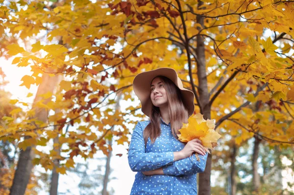 美丽的年轻女子拿着一束秋天的叶子 — 图库照片