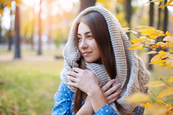 Roztomilá krásná usměvánka, co chodí ve žlutém podzimní parku. Dívka v pletených šátek blízko stromu a je šťastná — Stock fotografie