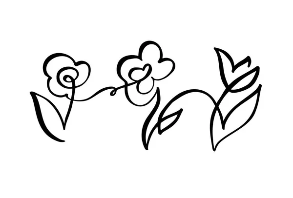 Kontinuierliche Linie Hand Zeichnung kalligrafisches Logo Vektor drei Blume Konzept Hochzeit. skandinavischen Frühling floralen Design-Ikone Element in minimalem Stil. schwarz-weiß — Stockvektor