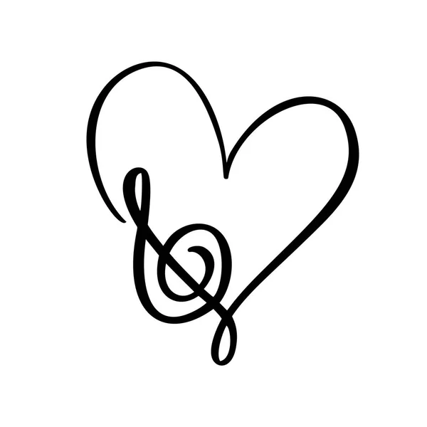 Hand drawn Love Music vector Logo treble clef and heart. Isolated on the white background — Stock Vector