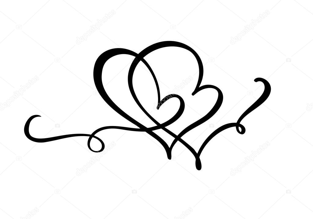 Hand drawn two Heart love sign. Romantic calligraphy vector of valentine day. Concepn icon symbol for t-shirt, greeting card, poster wedding. Design flat element illustration