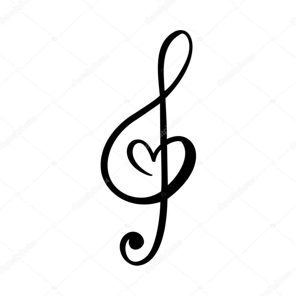Music key and heart abstract hand drawn vector logo and icon. Musical theme flat design template. Isolated on the white background.