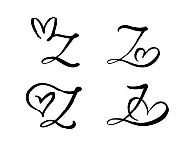 Vector set Vintage çiçek harfi Monogram Z. kaligrafi elemanı Valentine gelişir. Sayfa Dekorasyon ve tasarım Illustration için el çizilmiş kalp işareti. Davetiye için aşk düğün kartı