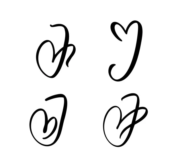 Vector Set of Vintage floral letter monogram J. Calligraphy element Valentine flourish. Hand drawn heart sign for page decoration and design illustration. Love wedding card for invitation — Stock Vector