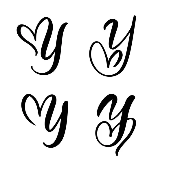 Vector set Vintage çiçek harfi Monogram Y. kaligrafi elemanı Valentine gelişir. Sayfa Dekorasyon ve tasarım Illustration için el çizilmiş kalp işareti. Davetiye için aşk düğün kartı — Stok Vektör