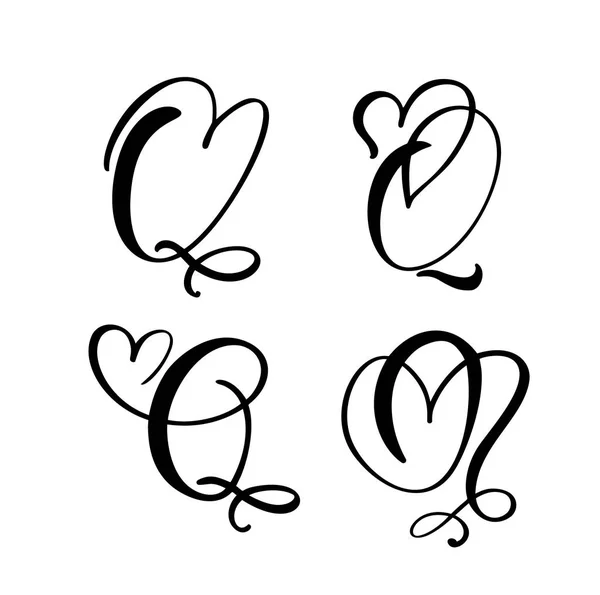 矢量集的复古花字母单字Q.书法元素情人节蓬勃发展。手绘心形标志,用于页面装饰和设计插图。爱结婚卡的邀请 — 图库矢量图片