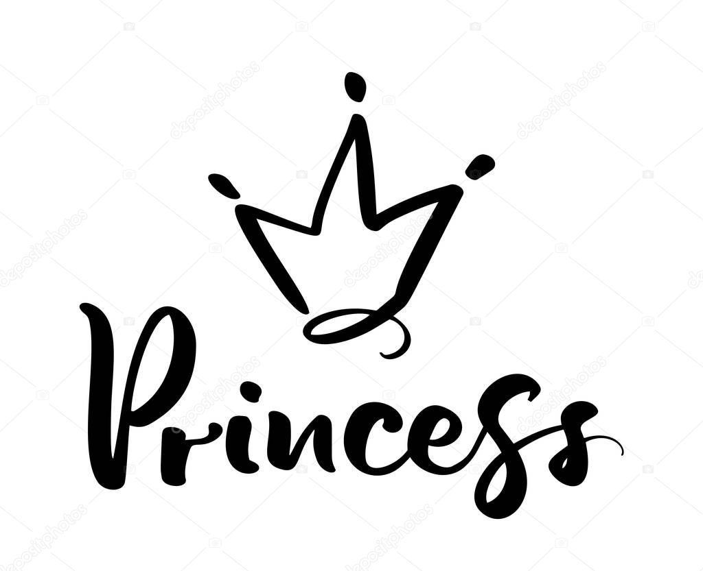 Hand drawn symbol of a stylized crown and calligraphic word Princess. Vector illustration isolated on white. Logo design