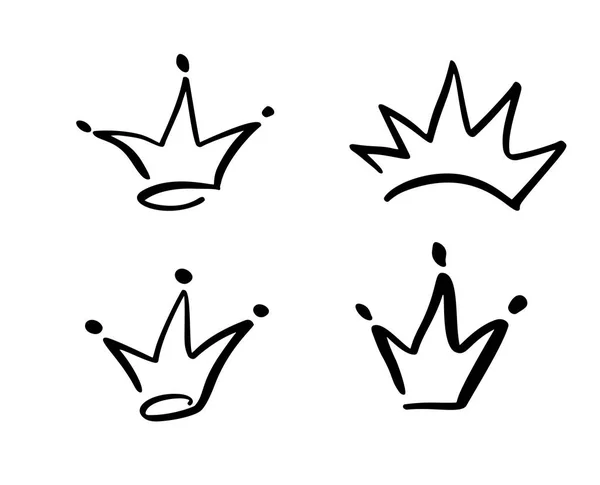 Set of hand drawn symbol of a stylized crown. Drawn with a black ink and brush. Vector illustration isolated on white. Logo design. Grunge brush stroke — Stock Vector