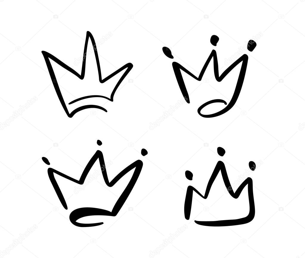 Set of hand drawn symbol of a stylized crown. Drawn with a black ink and brush. Vector illustration isolated on white. Logo design. Grunge brush stroke.