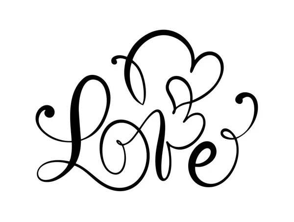 Amor texto vector caligráfico con corazones románticos. Concepto de San Valentín de letras de tinta manuscrita. Cepillo moderno caligrafía, aislado sobre fondo blanco — Vector de stock