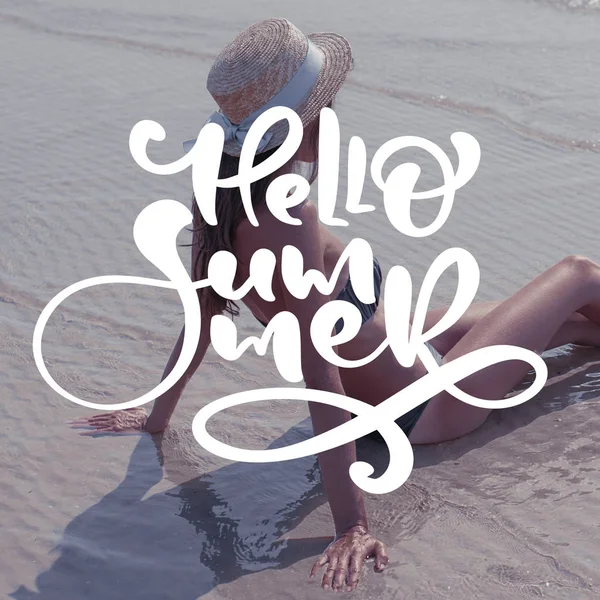 Woman sits on beach template for social networks instagram story. Hand drawn Motivation Quote text Hello Summer on photo. Nature sea background — Stock Photo, Image