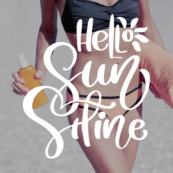 Woman stays with towel and orange bottle on beach. Template for social networks instagram story. Hand drawn Motivation Quote text Hello Sunshine on photo. Nature sea background