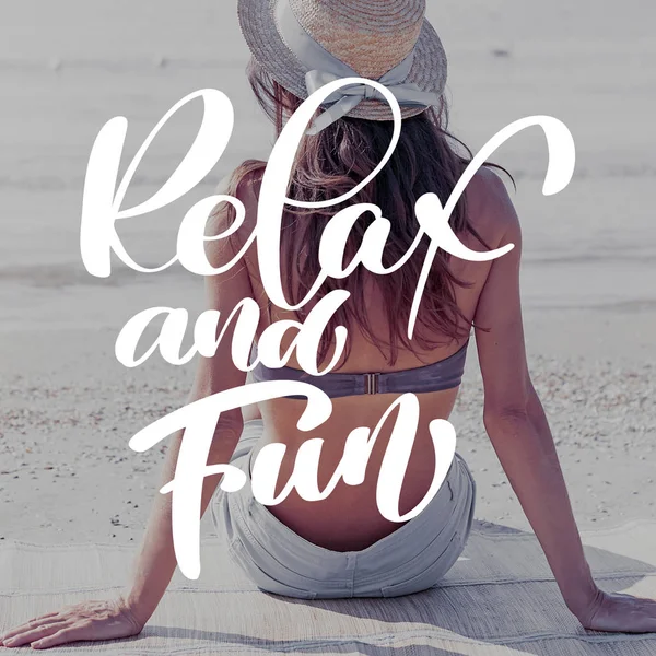 Woman sits on beach. Template for social networks instagram story. Hand drawn Motivation Quote text Relax and Fun on photo. Nature sea background — Stock fotografie