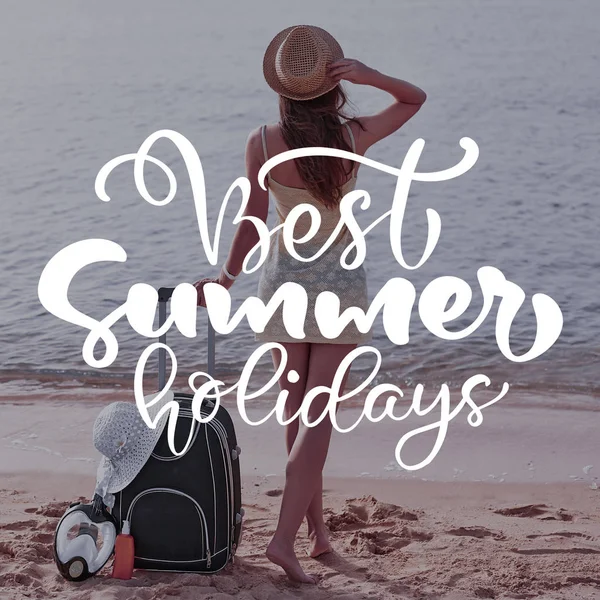 Woman stays with suitcase on beach. Template for social networks instagram story. Hand drawn Motivation Quote text Best Summer holidays on photo. Nature sea background — Stok fotoğraf