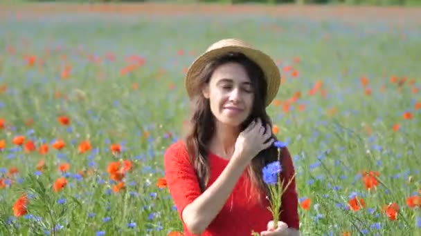 Mujer Feliz Libre Vestido Rojo Disfrutando Naturaleza Beauty Girl Outdoor — Vídeos de Stock