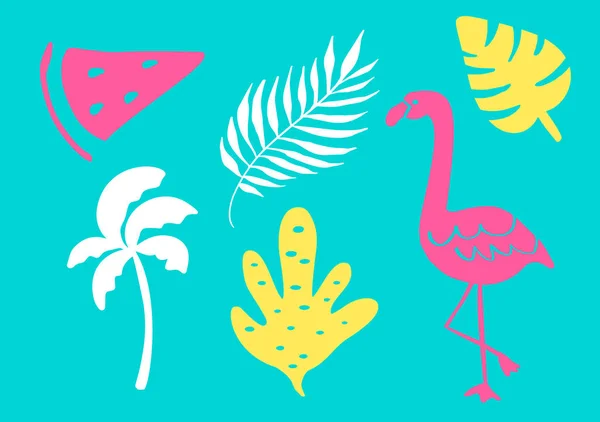 Tropikalna kolekcja letnia impreza plażowa egzotyczne liście, drzewa, flamingi i owoce. Wektorowe elementy konstrukcyjne na białym tle — Wektor stockowy