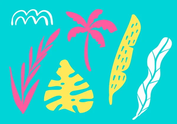 Τροπική συλλογή για το καλοκαίρι παραλία κόμμα εξωτικά φύλλα, ανανά, παλάμες και φρούτα. Μεμονωμένα στοιχεία σχεδιασμού διανυσματικών στοιχείων στο λευκό φόντο — Διανυσματικό Αρχείο