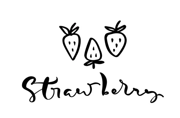 Texto caligráfico dibujado a mano Fresa y tres iconos de garabatos de fresa. Ilustración del logotipo del bosquejo vectorial de baya sana fresa fresca cruda para imprimir, web, móvil e infografías — Vector de stock