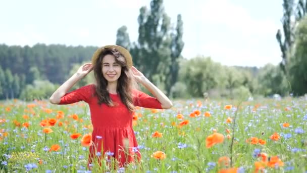 穿着红衣服、头戴大帽子的快乐的年轻女子欣赏大自然。漂亮女孩走在一片罂粟地里。自由概念。天空和阳光下的美女 — 图库视频影像