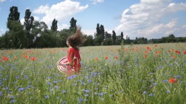 Kırmızı elbiseli ve büyük şapkalı mutlu genç kadın doğayı seviyor. Güzellik Kızı gelincik tarlasında yürüyor. Özgürlük kavramı. Gökyüzü ve Güneş Üzerindeki Güzel Kız