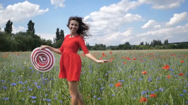 Happy young woman in red dress and big hat Enjoying Nature. Beauty Girl Outdoor walks on a poppy field. Freedom concept. Beauty Girl over Sky and Sun — Stock Video