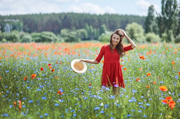 可爱的年轻浪漫女人在草帽罂粟花场摆姿势的背景夏天。戴着草帽柔和颜色 — 图库照片