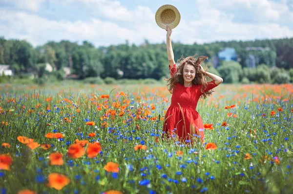 Bella giovane donna romantica in cappello di paglia sul campo di fiori di papavero in posa su sfondo estate. Indossava un cappello di paglia. Colori tenui — Foto Stock