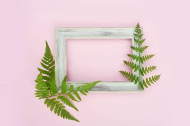 Ahşap beyaz fotoğraf çerçevesi ve pembe arka planda yeşil yapraklar. Düz konum, üst görünüm, kopyalama alanı. Çiçek kartı, selamlama, tatil modeli.