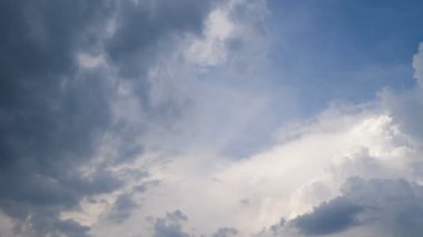 Yazın güneşli bir günde beyaz bulutlar. Temiz mavi gökyüzü beyaz sıcak hava, ufukta bulutlu bir hava, rahatlatıcı güzel bir sezon. 4k video