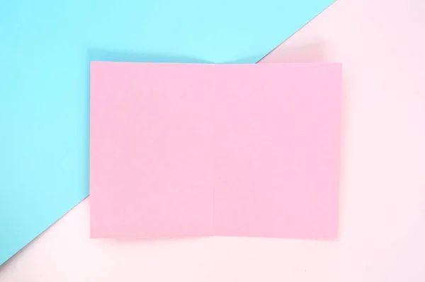 Tasainen lay, vaaleanpunainen paperi tyhjä sivu ja vihreät kasvit vaaleanpunainen pastelli väri paperi tausta. Tekstipaikka — kuvapankkivalokuva