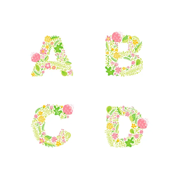 Vector hand getrokken Floral hoofdletter monogrammen of logo. Hoofdletters A, B, C, D met bloemen en takken bloesem. Bloemdessin — Stockvector