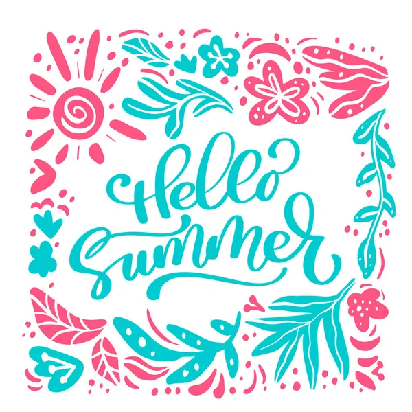 Hello Summer Floral Poster with Frame. Tropical Exotic Flowers Design for Sale Banner, Flyer, Brochure, Fabric Print. Summertime Background. Vector illustration — Stock Vector