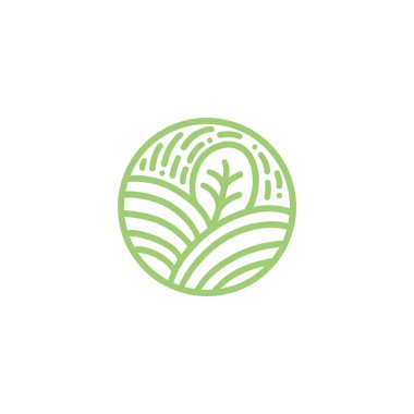 Tropikal bitki yeşil yaprakları logosu. Yuvarlak biyo amblem bir daire doğrusal tarzı. Doğal ürünler, çiçekçi, eko kozmetik, ekoloji kavramları, sağlık, spa tasarımı için Vektör soyut rozeti