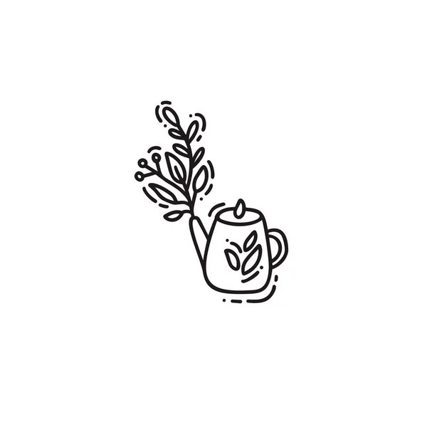 Doodle vetorial desenhado à mão ilustração de chaleira de chá com ramo. Símbolo de linha de ícone bule. Monoline qualidade esboço arte elemento isolado em estilo moderno — Vetor de Stock