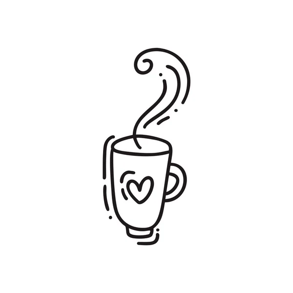 心で手描き落書きコーヒーカップ。スケッチホットティードリンク。ティーカップのシンボル。モノラインベクトル図 — ストックベクタ