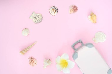 Şık yaz bavul ve beyaz çiçek çerçeve, pembe arka plan üzerinde kabuk, metin için yer ile üst görünümü. Deniz yolculuğu konsepti