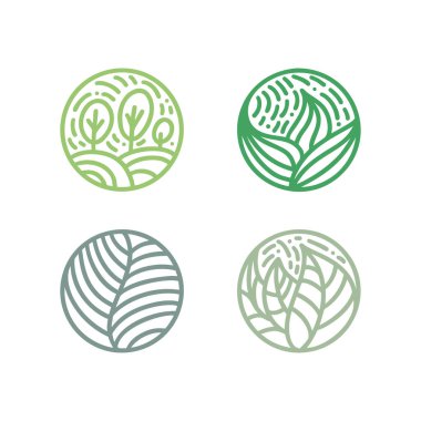 Tropik yeşil yaprak logosu seti. Yuvarlak biyo amblem doğrusal daire şeklinde. Doğal ürünler, çiçekçi dükkanı, kozmetik, ekoloji kavramları, sağlık, kaplıca, yoga için vektör soyut rozeti