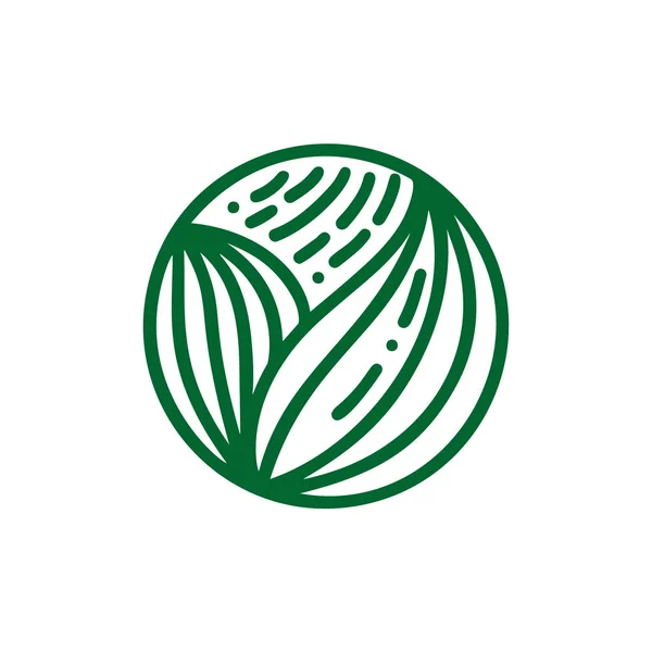 Kulatý bio-znak v lineárním stylu. Tropické zelené rostliny zanechává logo. Vektorový abstraktní znak pro design přírodních produktů, květinářství, kosmetika, ekologie, zdravotnictví, lázně, jódský střed — Stockový vektor