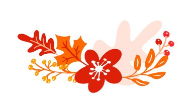 Vektör sonbahar buket elemanları. akçaağaç turuncu yaprakları, çilek ve kabak beyaz arka planda izole. Mevsimlik tatiller için mükemmel, Şükran günü