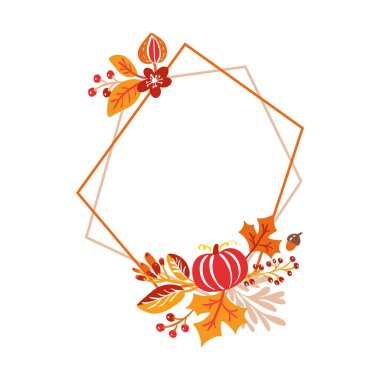 Vektör çerçeve sonbahar buket çelenk. turuncu yaprakları, çilek ve kabak beyaz arka planda izole. Mevsimlik tatiller için mükemmel, Şükran günü
