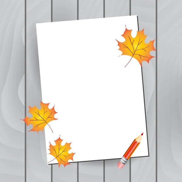 Vellen papier op houten achtergrond. Vector illustratie herfst. Rode potlood. Terug naar school achtergrond — Stockvector