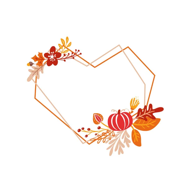 Διάνυσμα πλαίσιο φθινοπωρινό μπουκέτο καρδιά. πορτοκαλί φύλλα, μούρα και κολοκύθα απομονώνονται σε λευκό φόντο. Ιδανικό για εποχιακές διακοπές, ημέρα των Ευχαριστιών — Διανυσματικό Αρχείο