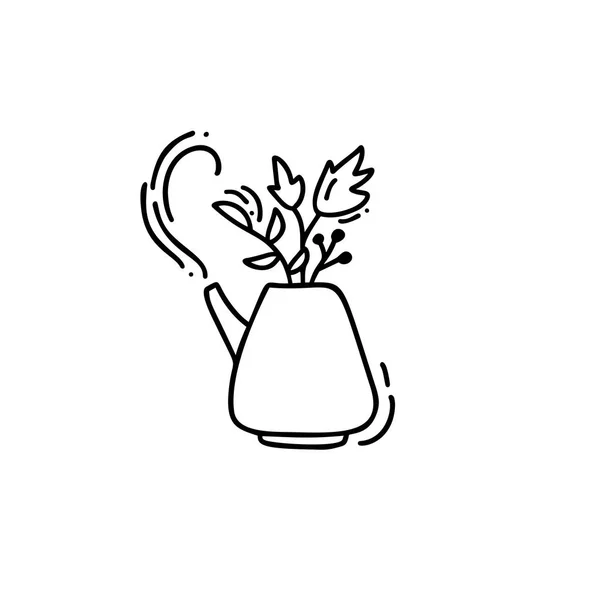 Handgezeichnete Vektor-Doodle-Illustration eines Teekessels mit Blättern. Teekanne Symbol Linie Symbol. Monolin-Qualität Skizzenkunst isoliertes Element im trendigen Stil — Stockvektor