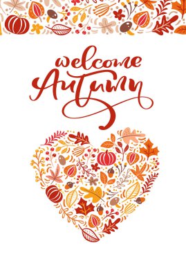 metin ile tebrik kartı sonbahar hoş geldiniz. Akçaağaç, Eylül, Ekim veya Kasım yeşillik, meşe ve huş ağacı, Sonbahar Doğa sezonu poster veya afiş tasarım turuncu yaprakları