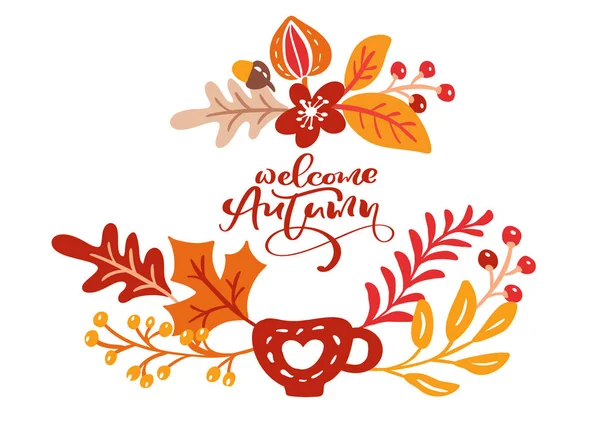 metin ile tebrik kartı sonbahar hoş geldiniz. Akçaağaç, Ekim veya Kasım yeşillik, meşe ve huş ağacı, Sonbahar Doğa sezonu poster veya afiş tasarım turuncu yaprakları